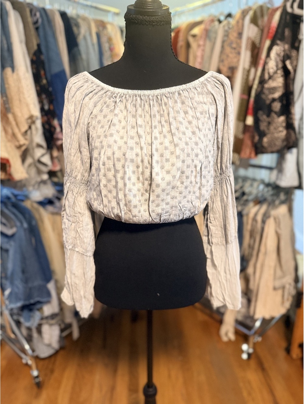 YOUNG THREADS Boho Off-Shoulder Patchwork Bell Sleeve Crop Top Grey NWT L